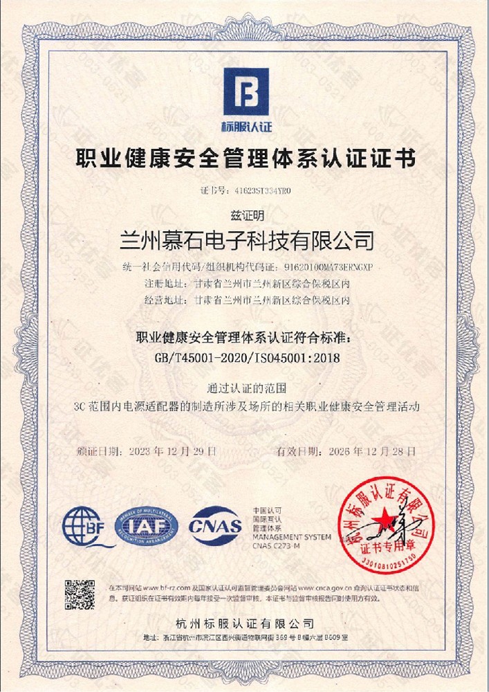 职业康健治理系统认证书